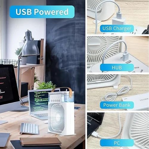 Portable Mini Air Cooler With 7-Color LED, 3 Speeds, Timer & Spray Modes USB AC For Home/Office