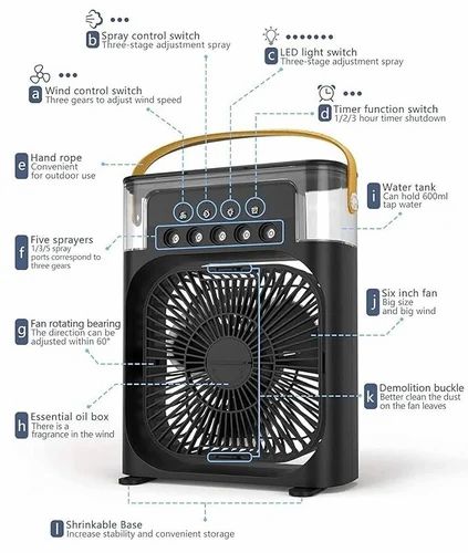 Portable Mini Air Cooler With 7-Color LED, 3 Speeds, Timer & Spray Modes USB AC For Home/Office